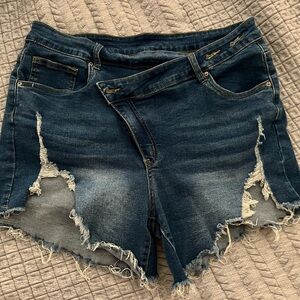 Blue Cut Off Shorts Angled Waist Band